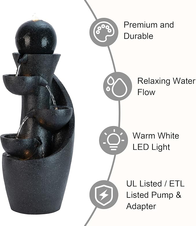 Glitzhome Outdoor Water Fountain with LED Light & Pump, Modern 5-Tier Bowl and Sphere Polyresin Outdoor Fountain, 33.5" Cascading Waterfall Fountain Water Feature for Porch Deck Patio Backyard Decor