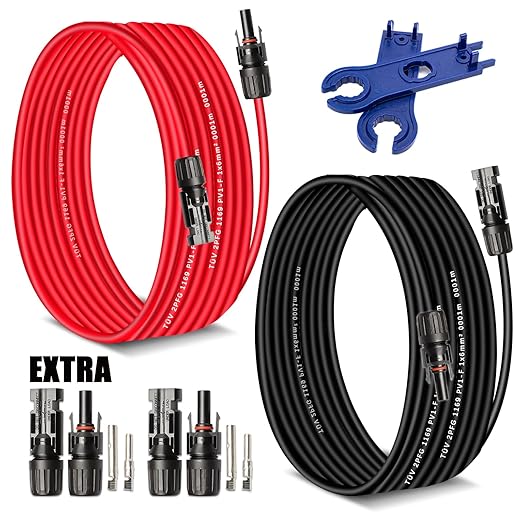 Solar Extension Cable 20Feet 10AWG (6mm²) Solar Panel Cable Red & Black PV Wire Male Female Connector Adapter Gauge Wire for PV System