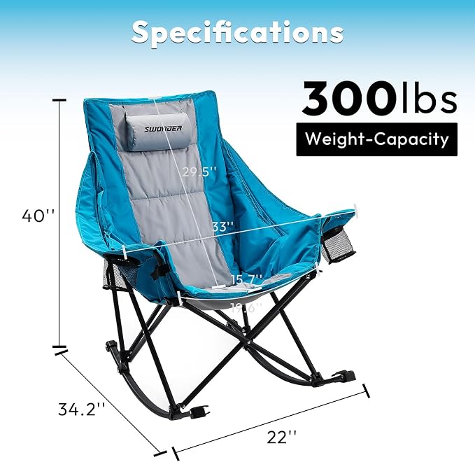 Swonder Oversized Rocking Camping Chair with Innovative 2-in-1 Removable Seat Cushion for All Seasons, Fully Padded Folding Outdoor Chair with Headrest and Carry Bag