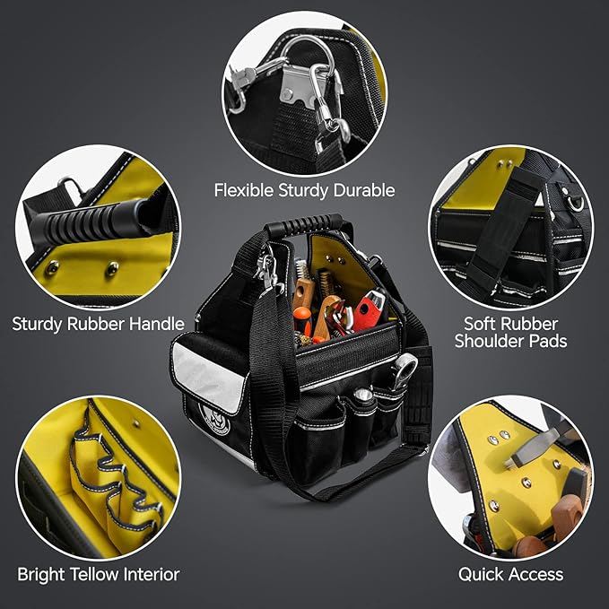 MARUTAI 10'' Small Tool Tote Bag, 43 Pockets Open Tool Bag, Tool Tote with Adjustable Straps and Waterproof, Tool Organizer Fits in All Cars/Trucks/Vans/Motorcycle