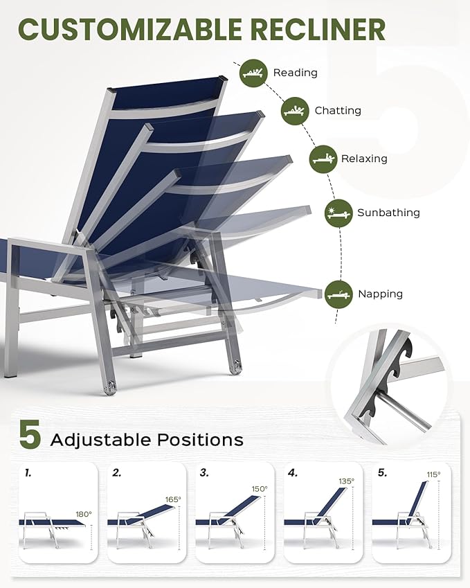 Vexwalx Patio Chaise Lounge Chair Outdoor with Wheels&Armrests, Aluminum Pool Lounge Chairs 5-Position Adjustable Recliner, Outdoor Beach Lounge Chairs for Poolside, Patio, Deck, Yard, Navy Blue