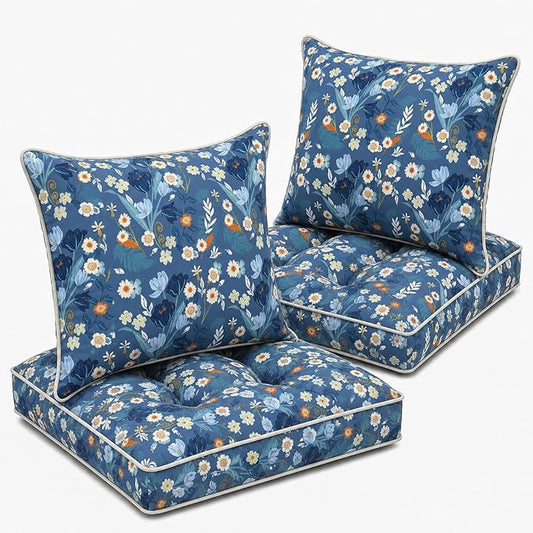 22x22 Waterproof Outdoor Chair Cushions Set of 2, Patio Cushions for Outdoor Furniture Water-Resistant & Fade-Resistant, Deep Seat & Back Cushion for Wicker Sofa (Blue Floral)