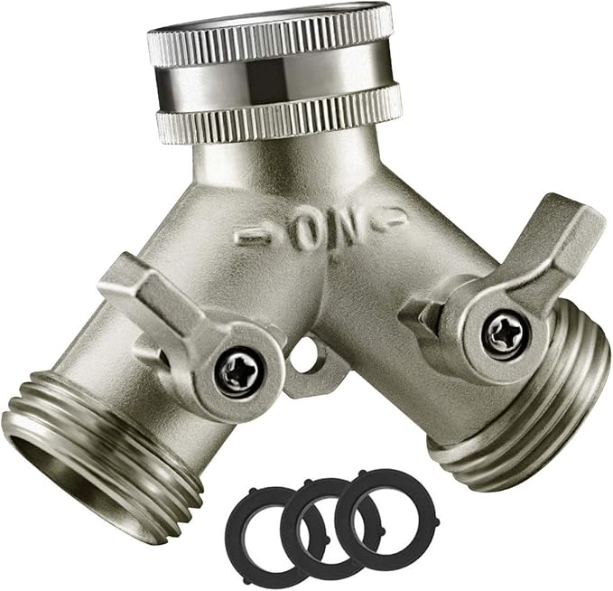 Nickel Plated Solid Brass Garden Hose Splitter, Heavy Duty 2 Way Y Faucet Adapter with Dual Shut Off Valves, Leak Proof 3/4 Inch Hose Bib Spigot for Outdoor Watering, Includes 3 Extra Washers