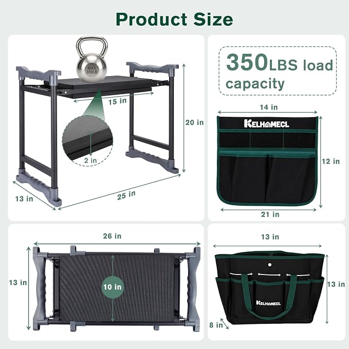 Garden Kneeler and Seat - Extra Wide Thick EVA Pad, Heavy Duty Foldable Garden Bench Holds 350lbs, 2-in-1 Gardening Stool with Detachable Tool Bags, Gardening Gifts for Women, Men & Seniors