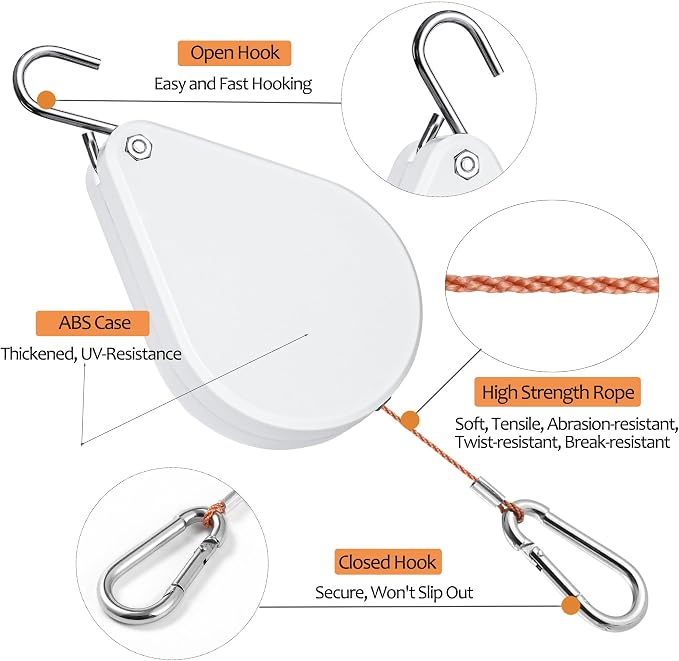 WROSWT Upgraded Retractable Plant Hanger,Plant Pulleys for Hanging Plants,Easy to Raise and Lower,Auto Lock,Heavy Duty,Adjustable Hook for Garden Baskets Pots,Birds Feeder,(6Pcs,White)