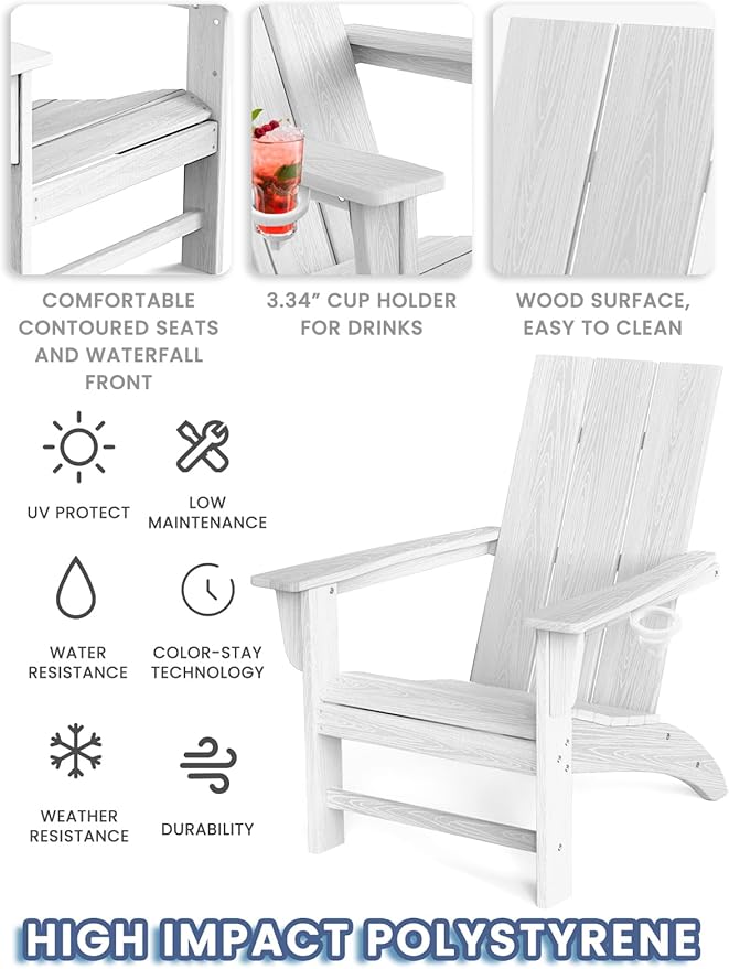 Modern Adirondack Chair with Cup Holder, HDPE Plastic Patio Chairs for All Weather, Fire Pit Chair, Outdoor Lawn Chairs for Deck, Porch, Backyard, Garden, White
