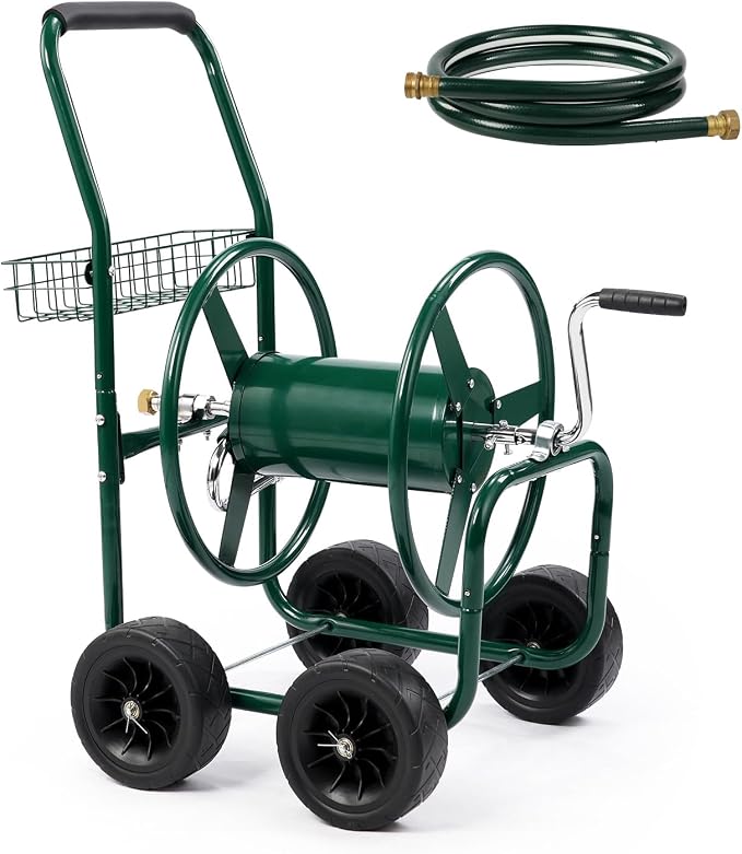 Outvita Garden Hose Reel Cart, Heavy Duty Water Hose Cart for Outside, Lawn Watering, for Garden, Yard, Lawn, Farm, Hold Up to 250 ft of 5/8’’ Hose, 4 PU Wheels, Storage Basket (Green)