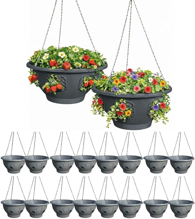 Hanging Planter Basket 20 Pack Bulk, Easy Fill Strawberry Planter, Outdoor Hanging Basket with Side Planting Panels, Durable UV Resistant Planters, Made in USA (20, Gray)