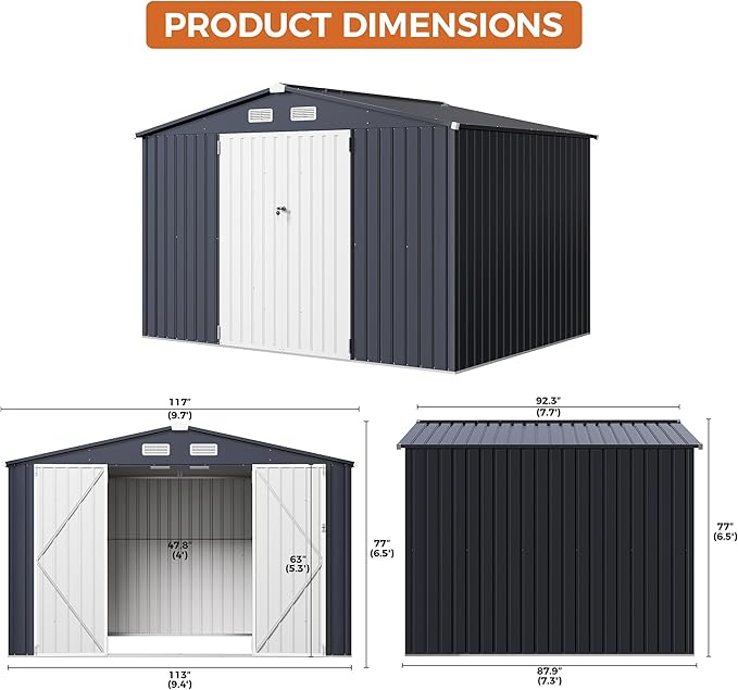 IRONCK 10x8FT Storage Shed, Outdoor Tool Shed with Lockable Doors and Breathable Vent, Outside Metal Garden Storage for Poolside, Backyard, Patio, Dark Blue