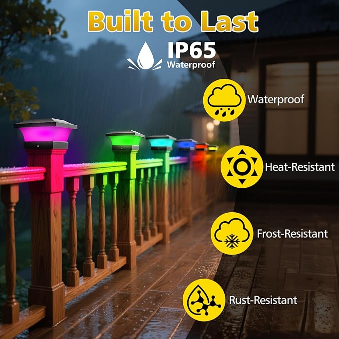 T-SUN Solar Post Cap Lights, Outdoor Waterproof Post Solar Lights, Color Changing Fence Post Solar Lights for 4X4 5X5 6X6 Wood & Vinyl Posts, Deck, Patio Railing, Porch, (Black-2 Pack)