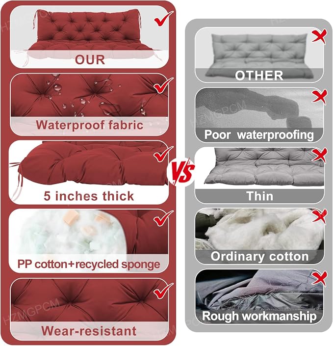 Premium 5" Thick Waterproof Outdoor Swing Cushions Sturdy Durable 2-3 Seat Replacement Porch Swing Cushions with Backrest&Ties Bench Cushion for Outdoor Furniture Backyard Patio (48x40inch)