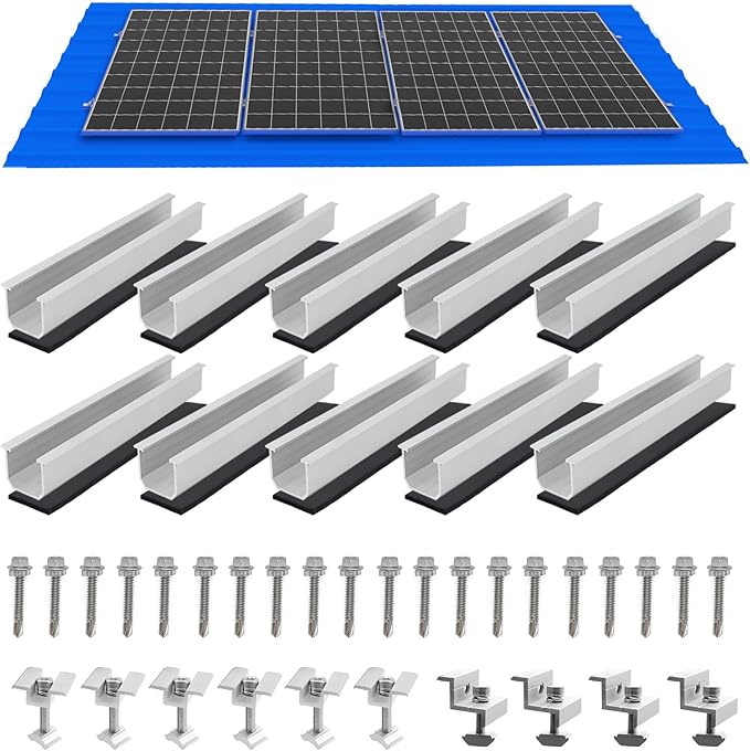 Solar Panel Mounting Brackets, Roof Mount Kit, Rails and Clamps Included for Thickness 1.18”-1.38”, 4pcs in A Row Assembly on Tin, Flat and Sheet Rooftop, Aluminum Alloy