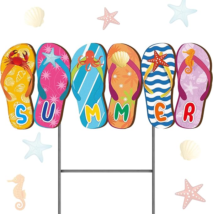 Weysat Summer Metal Yard Signs 15. 7 Inch Flip Flops Decoration Outdoor Beach Yard Decorations with Stakes Waterproof Slipper Sign Summer Pool Beach Decor for Home Garden Patio Lawn Party
