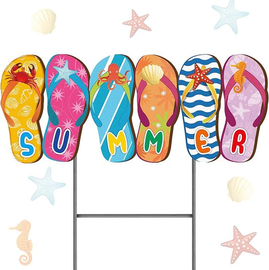 Weysat Summer Metal Yard Signs 15. 7 Inch Flip Flops Decoration Outdoor Beach Yard Decorations with Stakes Waterproof Slipper Sign Summer Pool Beach Decor for Home Garden Patio Lawn Party