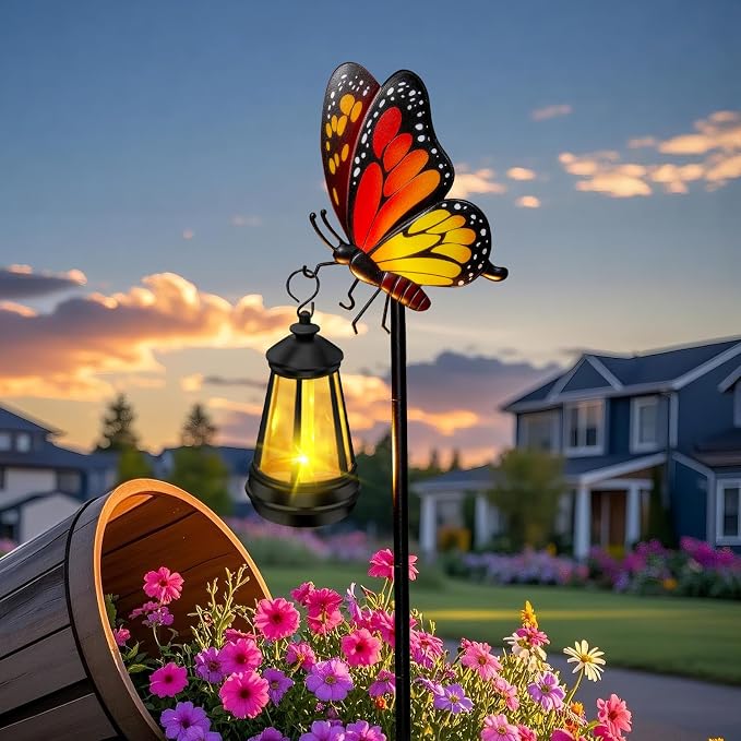 ZFNN Solar Garden Decor Lights Outdoor Waterproof, Metal Butterfly Stakes with Solar Lanterns, Solar Garden Lights for Decorative Yard Art Outside Patio Lawn Ornaments, Gifts for Women Mom