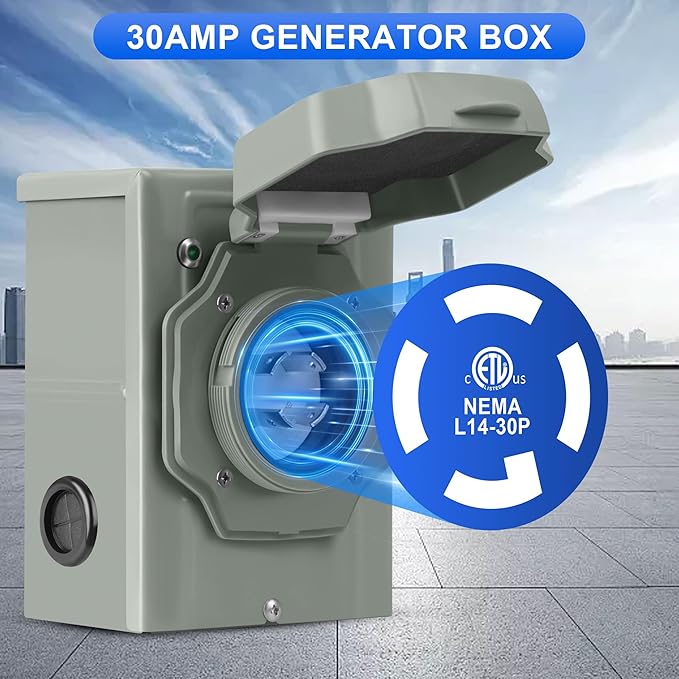 30 Amp Generator Inlet Box, NEMA L14-30P Power Inlet Box for 4-Prong Generator Cord, 125/250V 7500W Weatherproof Outdoor Box with Pre-Drilling Design & Green LED Indicator, ETL Listed