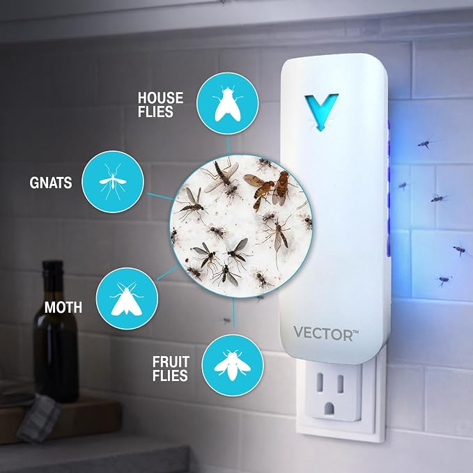 Catchmaster Vector 9 UV Light Plug in Flying Insect Trap - Silent Indoor Bug Catcher for House & Fruit Flies, Gnats & Moths - Mess-Free Easy Setup & Cleanup - with 12 Glue Trap Refills, Year Supply