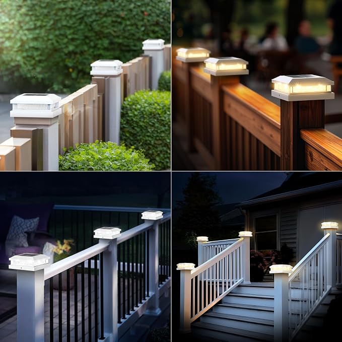 Brightever 4x4 Solar Post Cap Lights Outdoor, Waterproof Solar Powered Deck Lights for 5x5 Wooden/Vinyl Post, Outside White Fence Light with 16LEDs Warm/Cool Lighting in Garden, Patio, Porch, 8-Pack