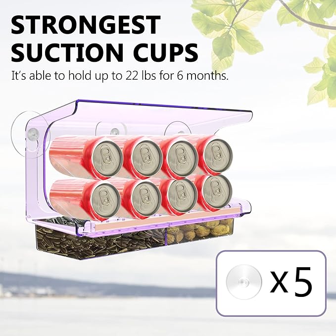 LUJII Purple Window Bird Feeder with 5 Super Strong Suction Cups, All One Piece Construction, Removable Seed Tray, Accommodates Large Birds Like Cardinals or Blue Jay for Outside Wild Bird Feeding