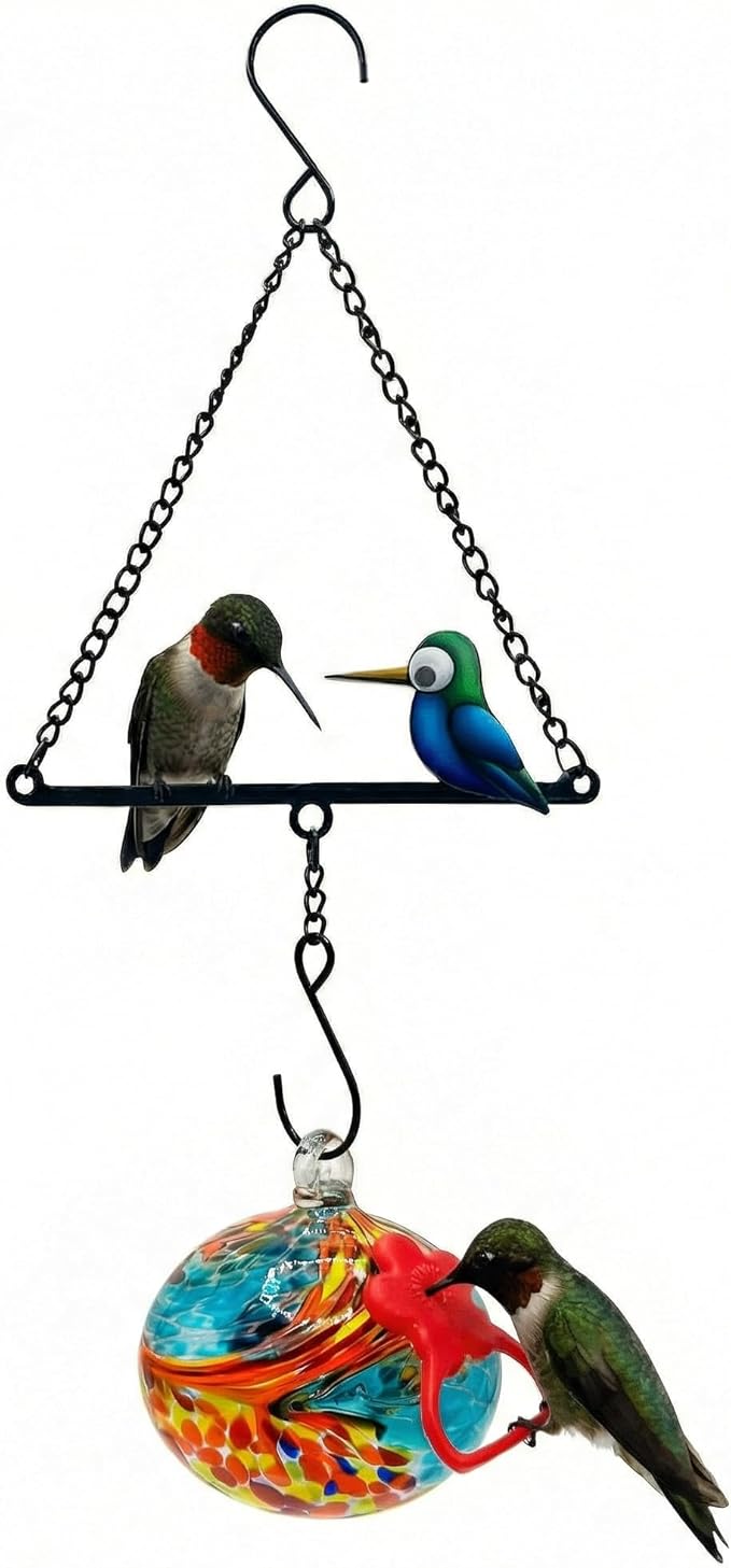 Headak Life Hummingbird Feeder for Outdoors Hanging,Metal Hummingbird Swing with Hand Blown Glass Hummingbird Feeder,Artistic Bird Perch & Garden Decor, Unique Gardening Gifts for Women(Blue)