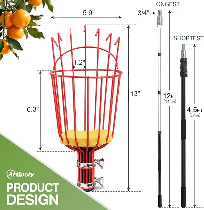 ARTIPOLY 20FT Reach Telescoping Fruit Picker, 4-12FT Adjustable Aluminum Pole with Basket, Lightweight Heavy Duty Tool for Harvesting Apples Mangoes Avocados Pears Lemons