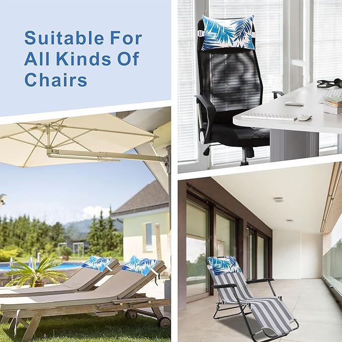 JMGBird Waterproof Chaise Lounge Pillows Set of 2-10x16 Inch White Blue Palm Leaf Outdoor Headrest Cushions with Adjustable Straps for Pool Patio Beach Chair