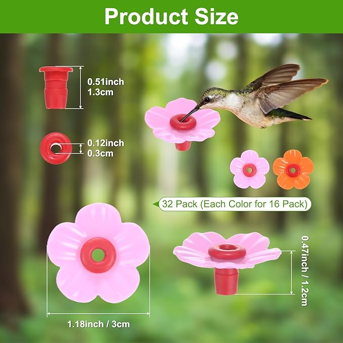 M METERXITY 32-Pack Hummingbird Feeder Replacement Flowers, Plastic Pet Hummingbird Feeding Parts Feeding Ports for Outdoor Hanging Feeders, Bees Guards [Rose Pink, Orange]