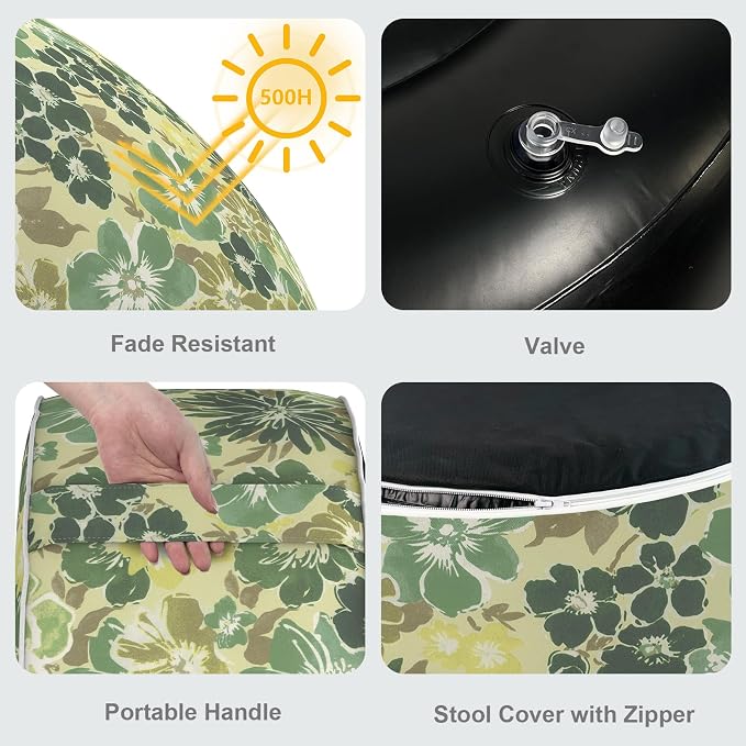 LVTXIII Inflatable Stool Ottoman Footrest with Handle, Decorative Fade-Resistant Foot Stool, Indoor or Outdoor Pouf for Home Garden and Camping Use, 21x21x9, Green Rose