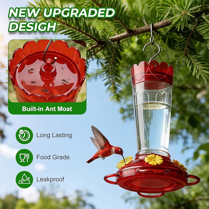 Hummingbird Feeders for Outdoors 2pack-14 OZ，Humming Bird Feeder with 4 Bee Guard Feeding Ports & Built-in Ant Moat, Plastic Hummingbird Feeder for Garden Backyard Decor, Gifts for Women Mom