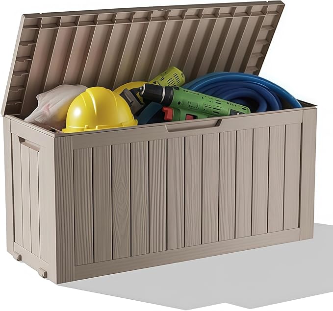 75 Gallon Outdoor Storage Box, Waterproof Resin Deck Box for Patio Cushions & Gardening Tools, Lockable Indoor/Outdoor Storage Bin, Stylish Grey Design