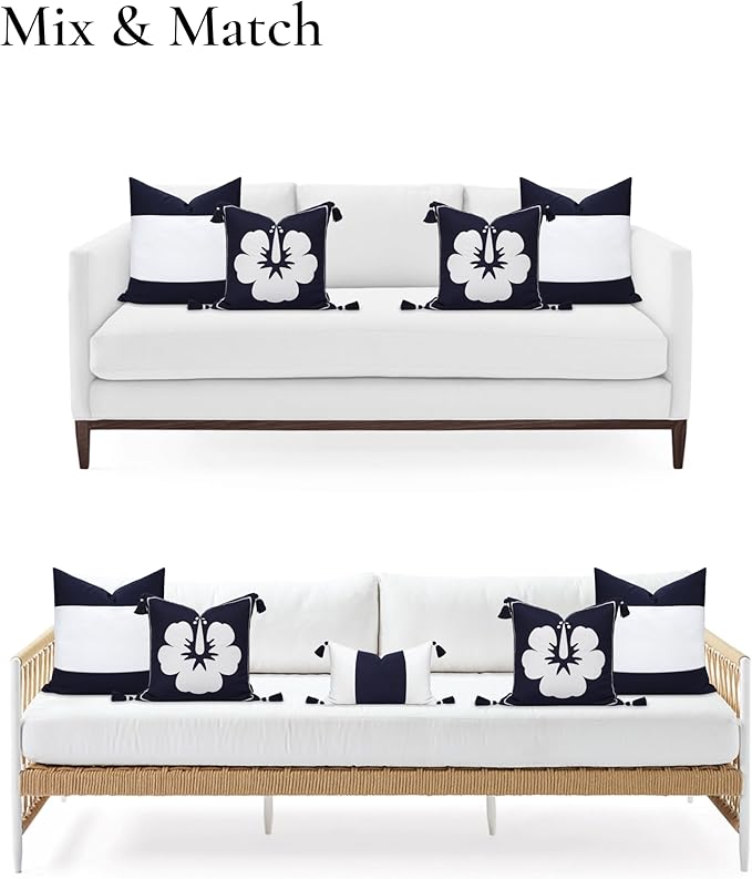 Hofdeco Premium Coastal Patio Outdoor Performance Pillow Cover Only, 18"x18" Water Repellent, UV and Fade Resistant for Backyard, Couch, Dark Navy Blue Embroidered Hibiscus Floral with Tassels