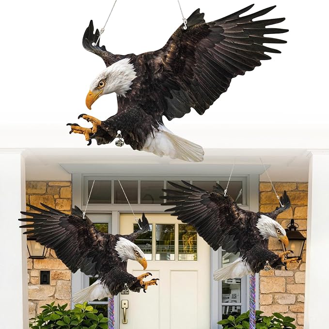 4 Pcs Eagle to Keep Pigeon Woodpecker Animals Away, Flat Paper Hanging Fake Eagle with Reflective Tape for Scare Animals Away, Weatherproof Outdoor Decor for Patio Backyard Porch Balcony Windows