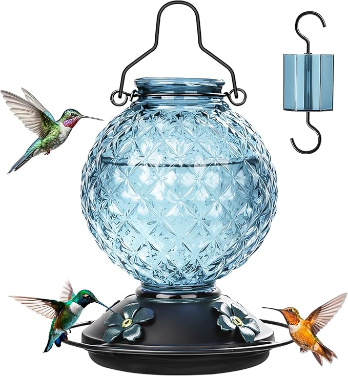 Glass Hummingbird Feeder for Outdoors Hanging, 25 OZ Humming Bird Nectar Feeder with 4 Bee Guard Feeding Ports & Built-in Ant Moat, Bird Feeder for Outside, Gifts for Women Mom, Blue