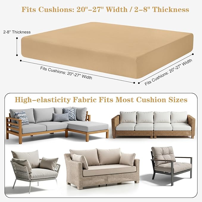 8-Piece High Elastic Outdoor Cushion Covers - Full Set Stretch Replacement Slipcovers for Seat & Back Cushions - Universal Fit for 4-Person Patio Sofa, Fits 20-27" Wide