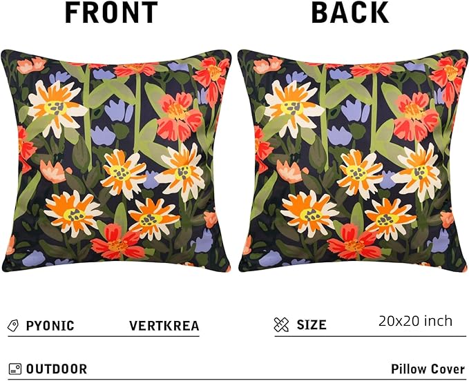 Pyonic Outdoor Pillows Cover Pack of 2 Spring Floral Waterproof Throw Pillow Covers 20X20 inch Outdoor Pillows for Patio Furniture Garden Square Outside Waterproof Pillow ，Black