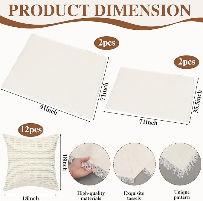 Novabright 20 Pcs Boho Picnic Kit Folding Picnic Table 59'' x 20.5'' Extra Large Outdoor Boho Blanket 91'' x 71'' Beige White Table Runner 12 Pillow Cover Woven Cotton Oversize Washable for Wedding