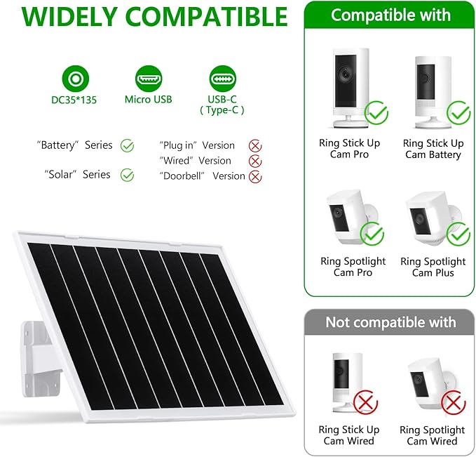 8W Solar Panel for Security Camera, USB c Solar Panel for Camera, with 9.5ft Cable, DC 5V Camera Solar Panel IP65, Universal for The Majority Rechargeable Battery Camera, 360°Adjustable