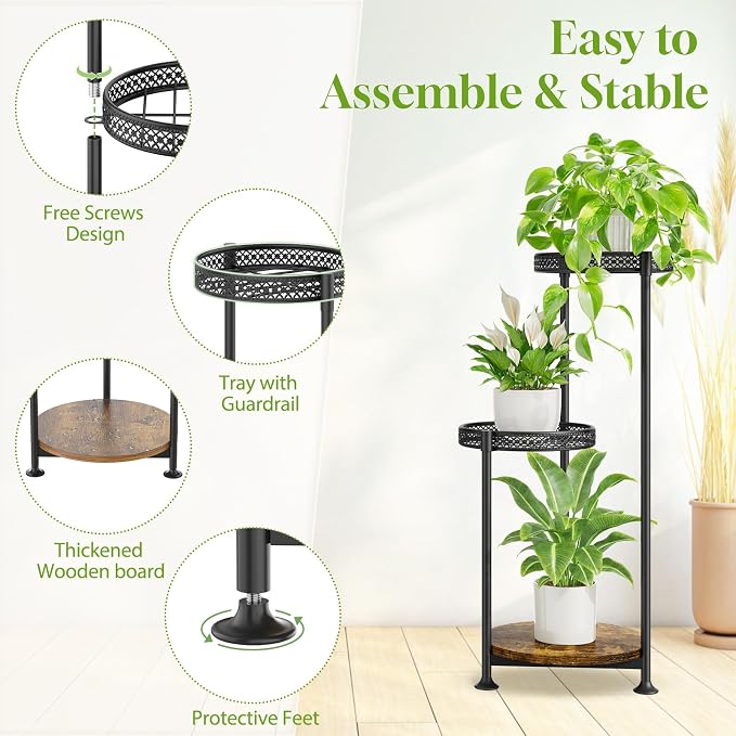 Oppro Plant Stand Indoor Outdoor Clearance, 3 Tier Metal Flower Shelf Pot Holder, Tall Multiple Plants Corner Rack Narrow House Orchid Display Organizer for Patio Office Porch Living Room Garden, Black