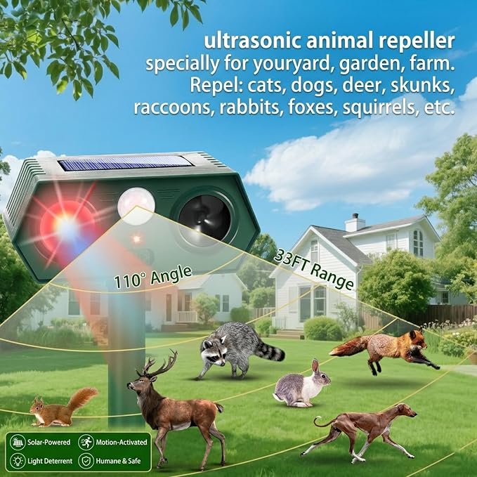 2026 Upgraded Solar Ultrasonic Animal Repellent Outdoor,4Pack Waterproof Deer Repellent Devices with Motion Sensor for Yard,Cat Repellent with Red&Blue LED Flash Lights to Scare Rabbit (Plastic, 4)