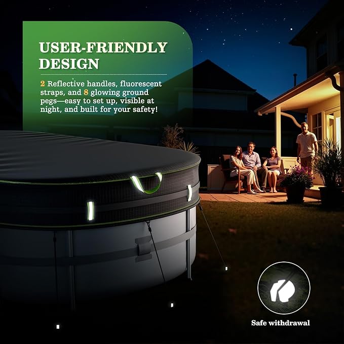 UIRWAY 12x24 FT Oval Pool Cover with Reflective Strips for Above Ground Pool, Oval Solar Pool Cover Including Windproof Rope Tie and Luminous Ground Nails, Swimming Pool Cover with 2 Handles