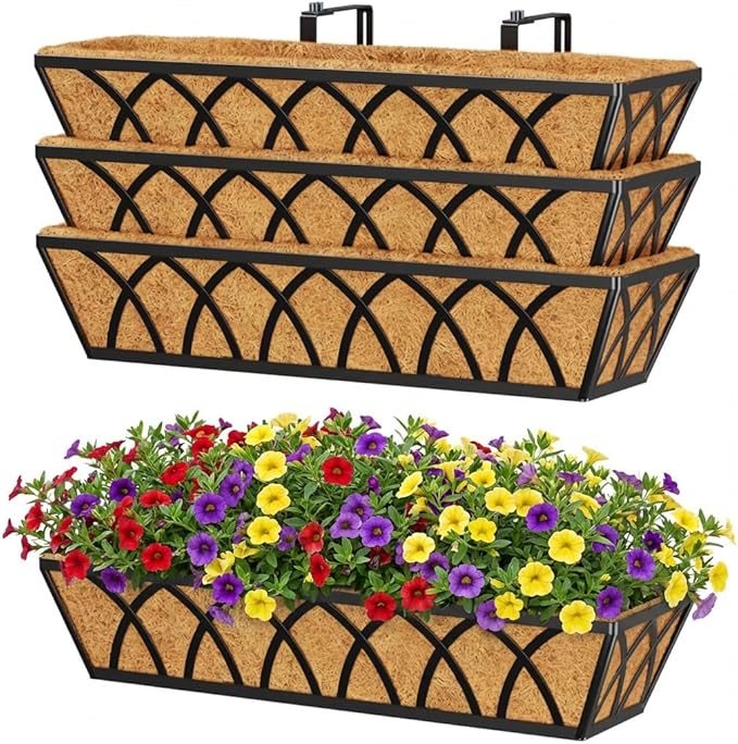 Y&M 24 Inch Railing Planter Boxes 4 Pack, Metal Hanging Balcony Planter, Adjustable Deck Railing Planter for Fence, Window Boxes Outdoor, Heavy Duty Flower Box for Porch Rail