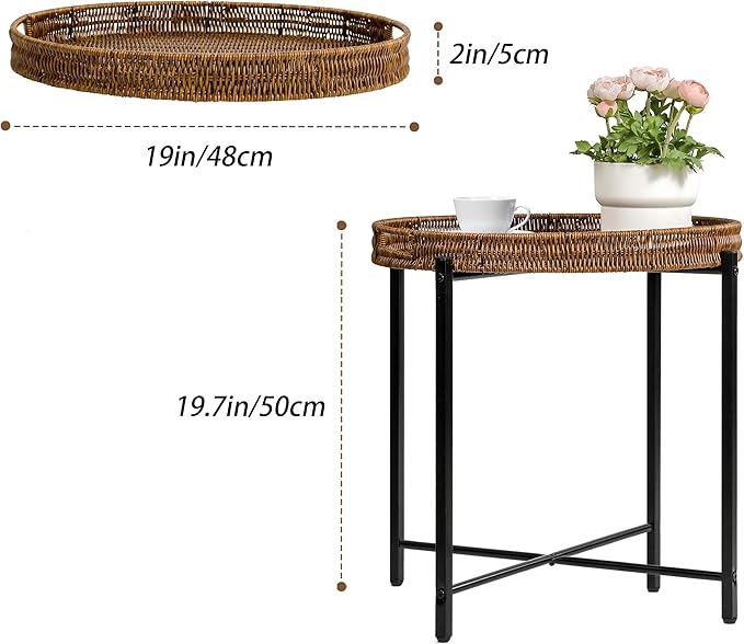 DINGTAI Brown Small Round End Table, 19in Rattan End Tables, Wicker Rattan Side Table, Round Sofa Side Table, Indoor Outdoor Side Tables for Patio, Living Room Bedroom Office