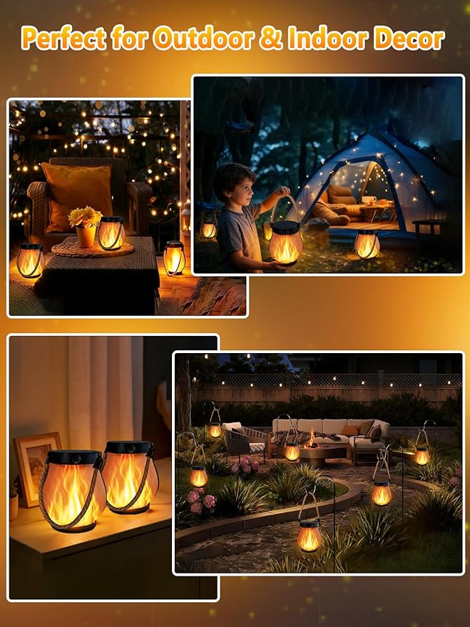 1 Pack Gen2 Solar Lights Outdoor Waterproof, Solar Lantern with Dancing Flame, 2 Lighting Modes, Dual Charging USB & Solar Powered, with Hanging Rope Handle for Patio Yard Garden Tree Tabletop Decor