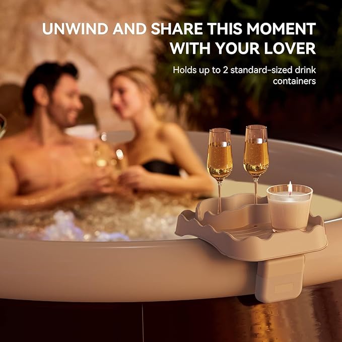 Anivia Hot Tub Table Tray, Adjustable Width 4.3" to 7.7" Hot Tub Accessories for Intex PureSpa, Nonslip Caddy Holds 2 Drinks, Keep Snacks-Drinks Handy and Dry, Fits Outdoor Inflatable Spa/Pool(Beige)