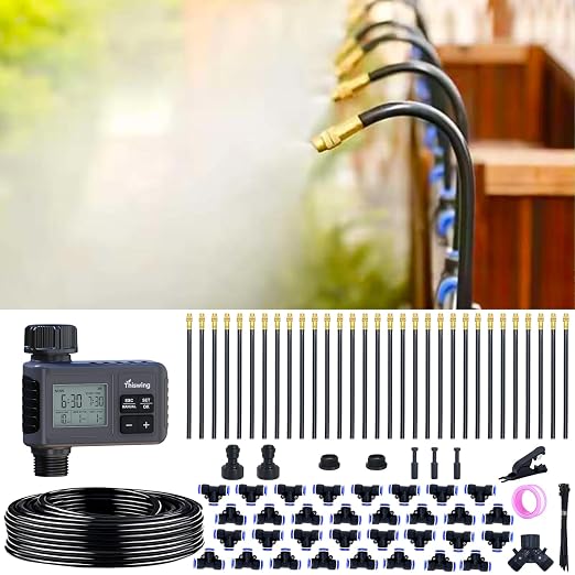 Thiswing 360° Adjustable Drip Irrigation System - 100 FT Automatic Garden Watering System with 32 Nozzles & Water Timer, Raised Bed Sprinkler System, Garden Mister for Yard, Lawn, Plants, 5/16" Tubing