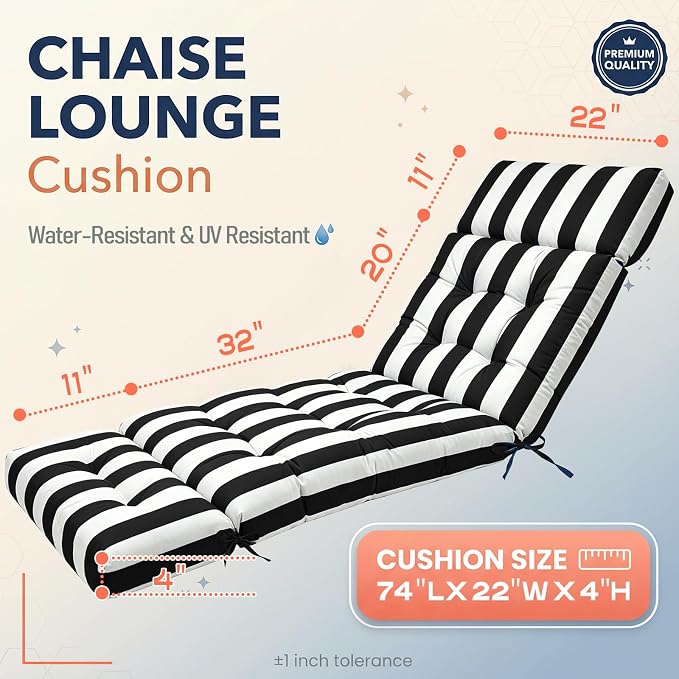 MAGIC ELEPHANT Chaise Lounge Cushion Outdoor, Memory Foam Patio Lounge Chair Cushion with Ties for Indoor Outdoor Furniture, Water-Repellent Replacement Long Chair Cushion (Black Stripe)