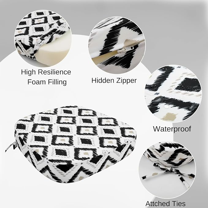 idee-home Outdoor Chair Cushions Set of 4, 19" x 19" x 3" Thick D-Shaped Patio Furniture Outdoor Seat Cushions Waterproof with Ties, Dining Pads