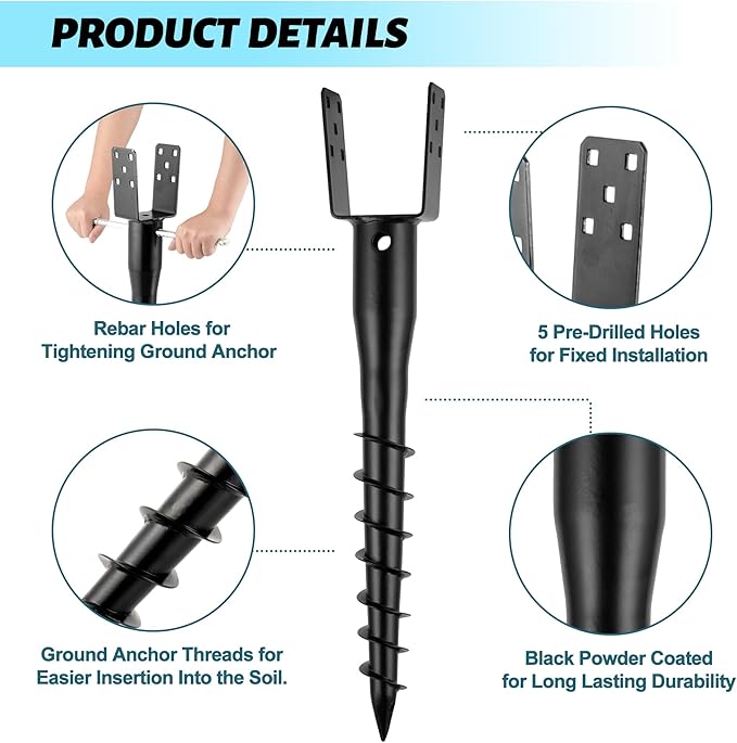 No Dig Ground Screw Anchor - Black U Shaped Post Stake for 4x4 Wood Posts, Includes Lag Bolts & 27" Rebar, for Mailbox Posts and Fence Posts Anchor, 4 Pack
