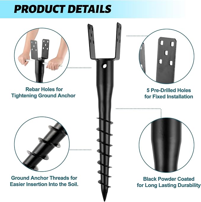 No Dig Ground Screw Anchor - Black U Shaped Post Stake for 4x4 Wood Posts, Includes Lag Bolts & 27" Rebar, for Mailbox Posts and Fence Posts Anchor, 2 Pack
