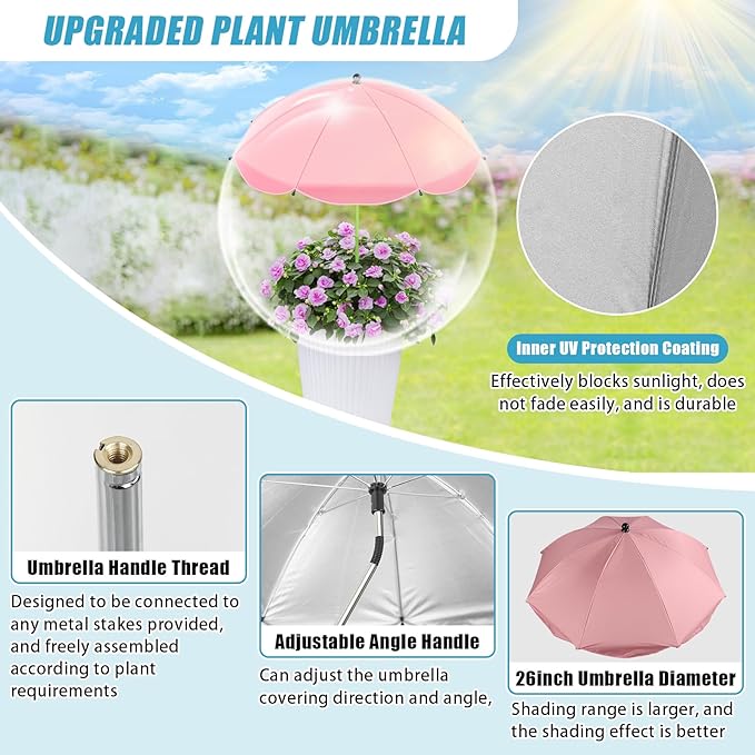 Axcoix 2 Pack Upgraded Plant Umbrellas for Outdoor Plants, 26" Larger Garden Plant Umbrella Shade with Adjustable Angle, 43.4" Higher Sun Shade for Plants, Potted Plant, Garden Beds (Pink & Blue)